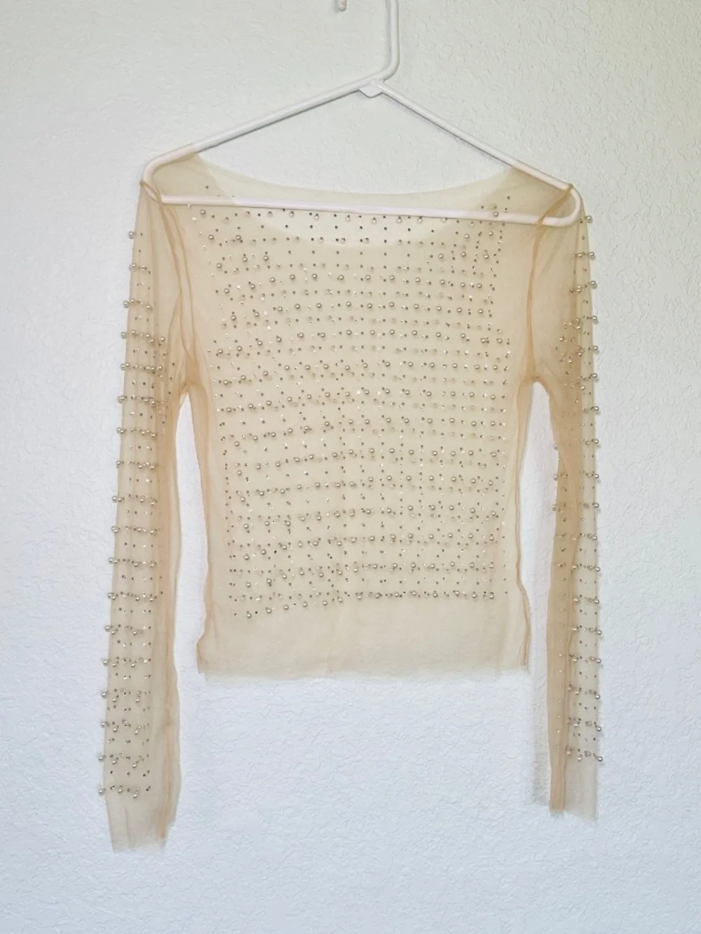 Sheer Beaded Mesh Crop Top Small Nude Pearl Studded Long Sleeve Glam Festival - Picture 1 of 5